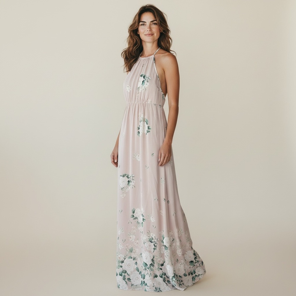 Show Me Your Mumu Maxi Dress Small Blush Floral Halter Open Back Lined Flowy
